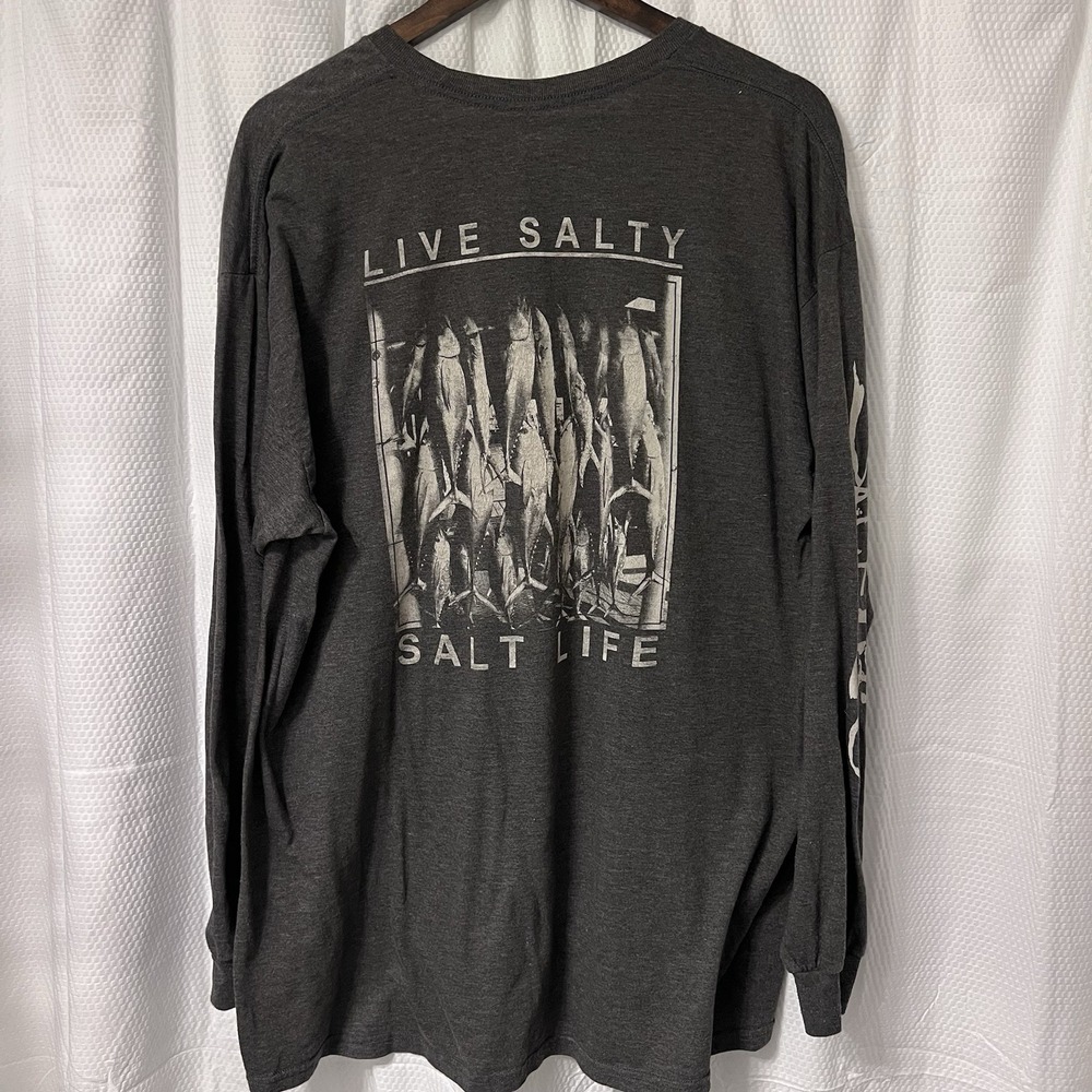 Salt Life Live Salty‎ Tuna Pocket Tee Fishing Tee Long Sleeve Gray XL - READ